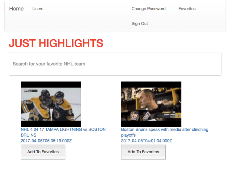 Full stack web application - apis highlights hockey